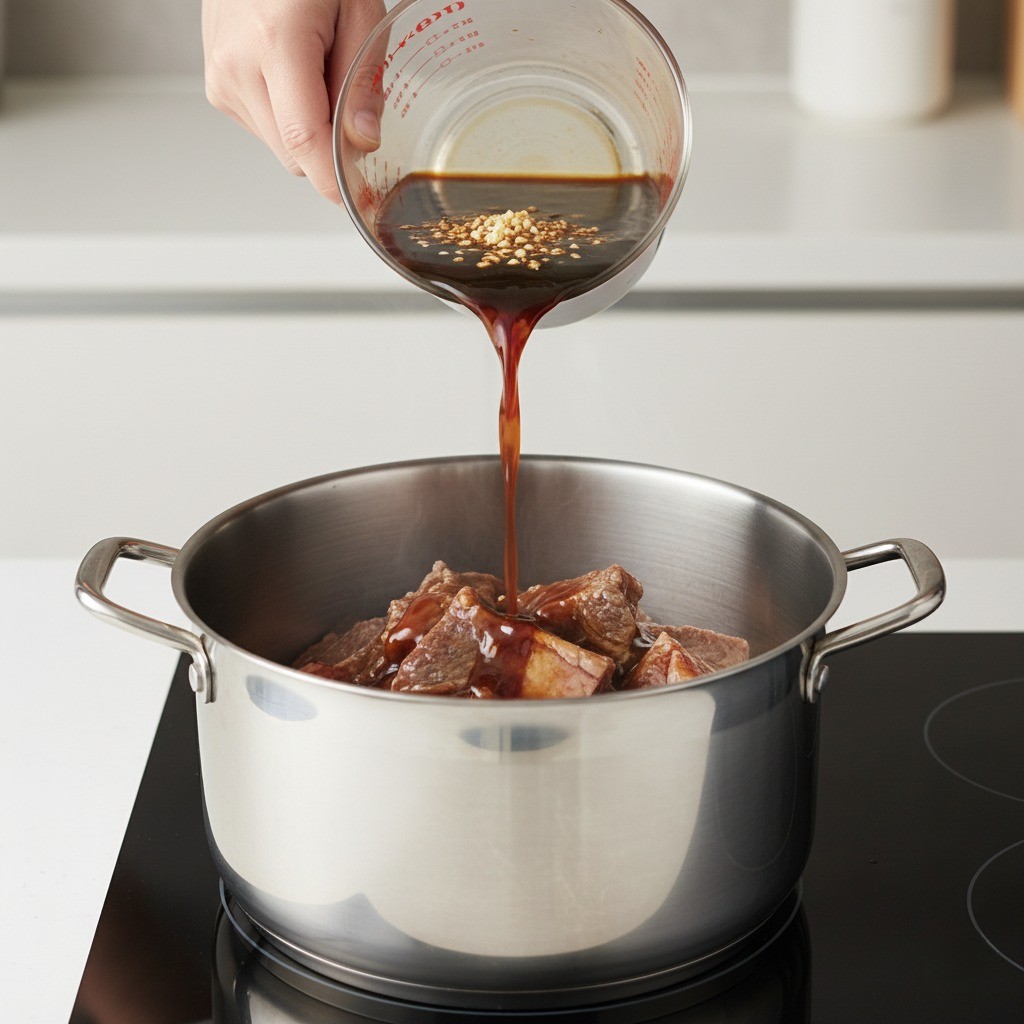 냄비에 갈비와 양념장, 물을 모두 넣은 모습