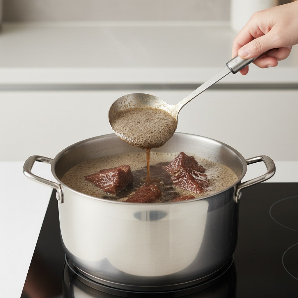 끓고 있는 갈비찜의 거품을 숟가락으로 걷어내는 모습