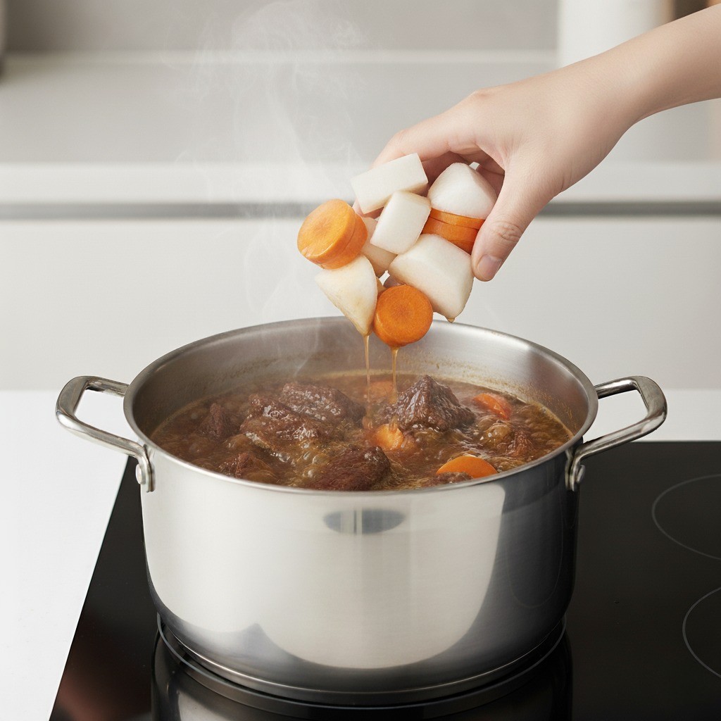 갈비찜에 순서대로 무/당근, 양파/버섯, 대파/고추를 넣는 모습