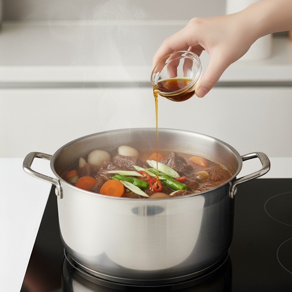 완성된 갈비찜에 참기름을 두르고 있는 모습