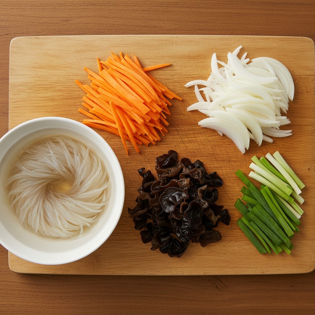 채 썰어진 당근, 양파, 대파, 목이버섯 등 잡채 재료들