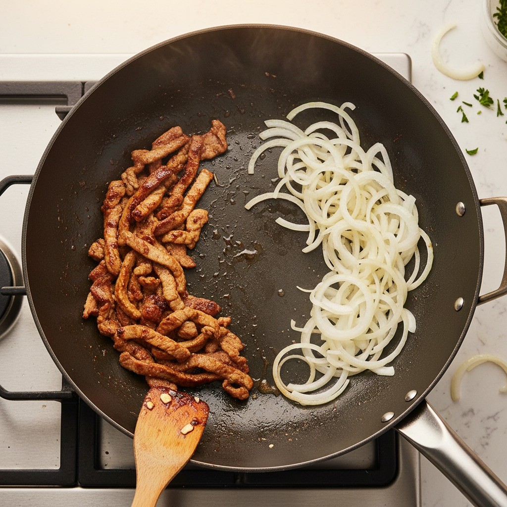 팬에서 각각 볶아지고 있는 잡채 재료들