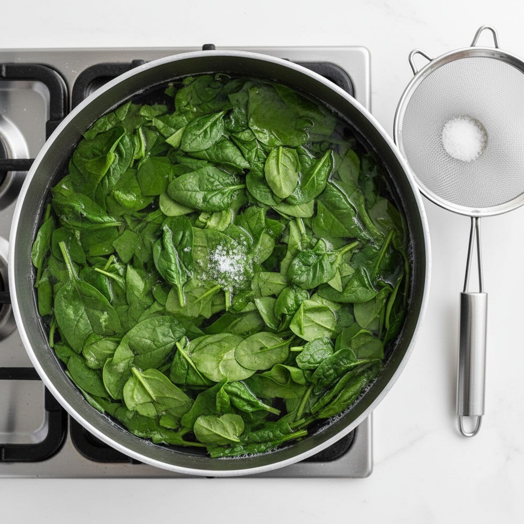 끓는 물에 시금치를 데친 후 찬물에 헹구는 모습