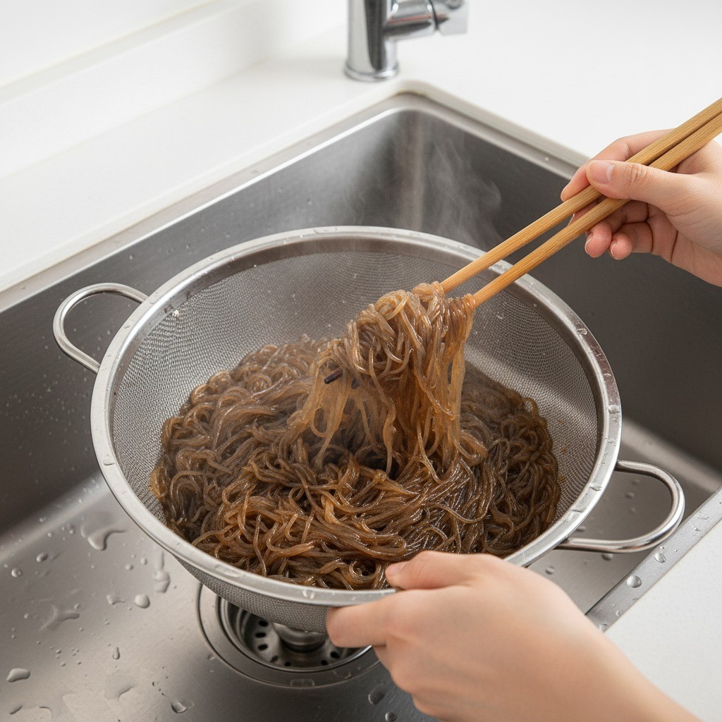 체에 밭쳐 물기를 빼고 있는 삶은 당면