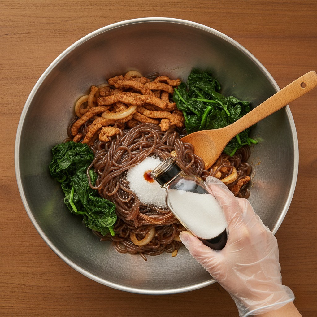 큰 볼에 모든 잡채 재료를 넣고 손으로 버무리는 모습