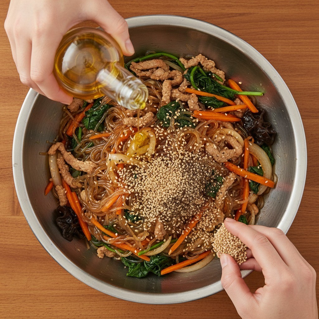 완성된 잡채에 참기름과 깨소금을 뿌리는 모습