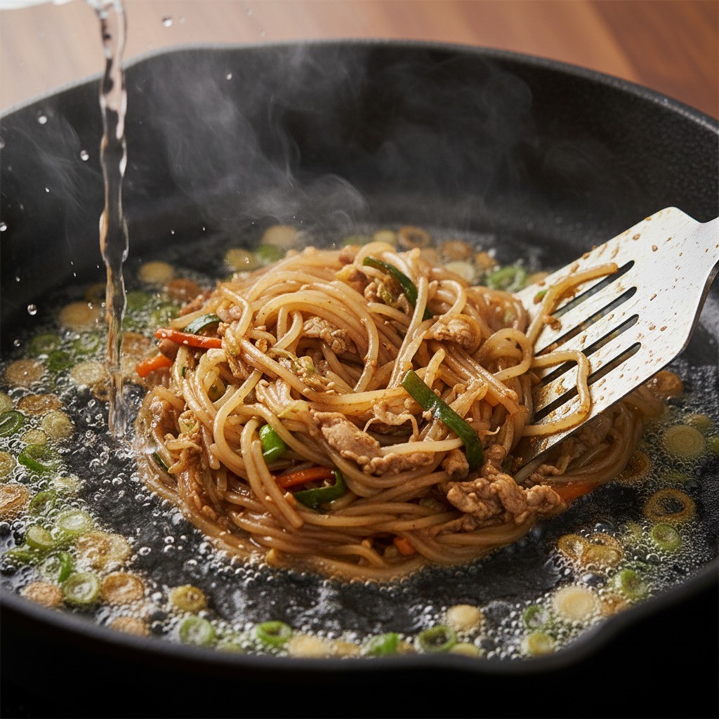 팬에 잡채와 물을 넣고 볶는 장면