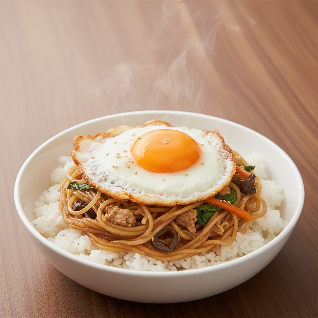 밥 위에 잡채와 달걀 프라이가 올라간 잡채밥