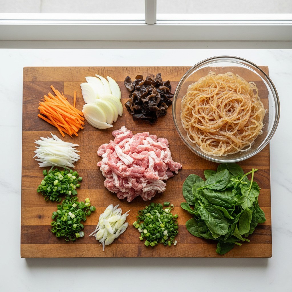 삶은 당면과 손질된 채소들