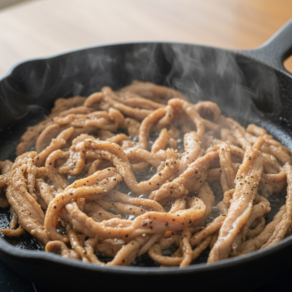 팬에서 돼지고기를 볶는 장면