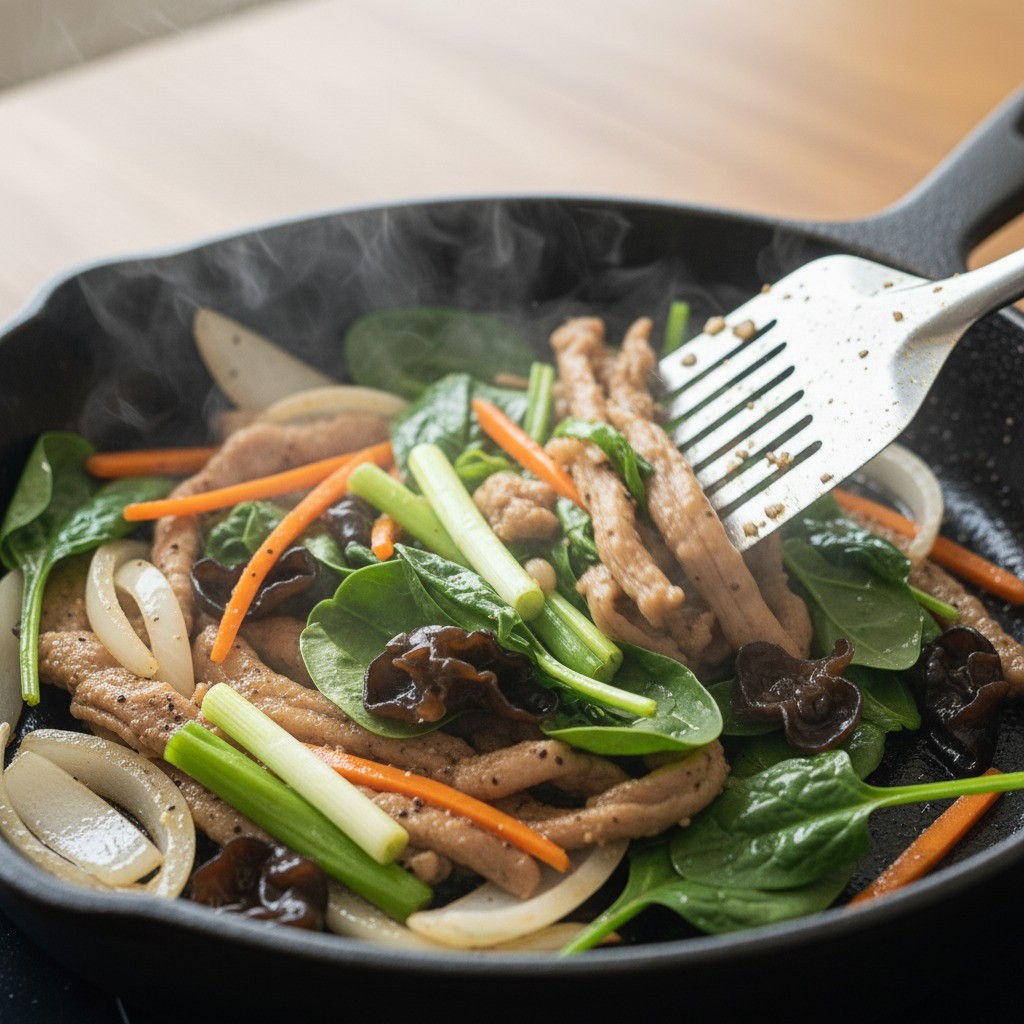 모든 채소를 넣고 함께 볶는 장면