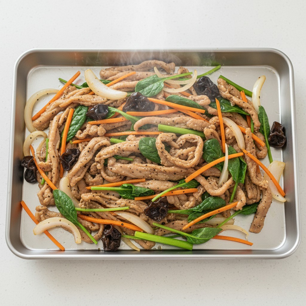 쟁반에 볶은 재료를 펼쳐 식히는 모습