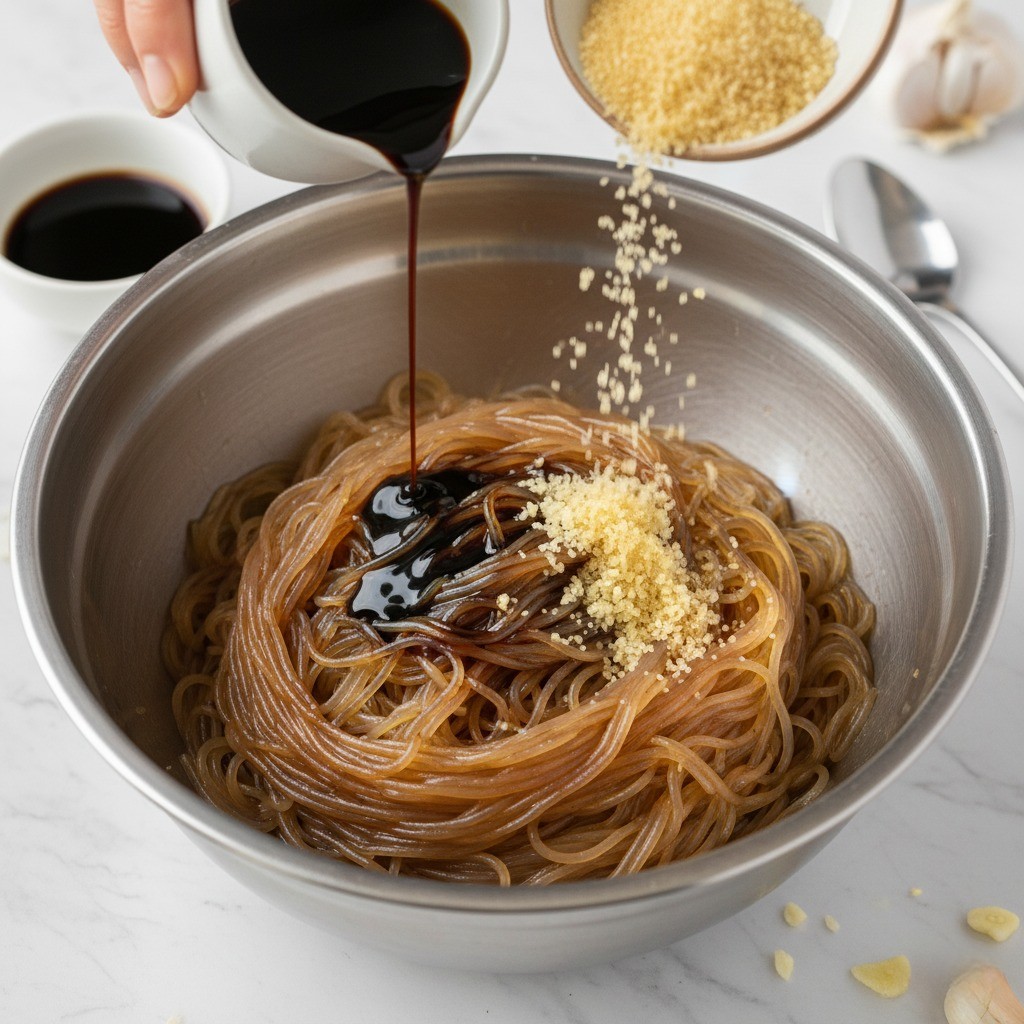 당면에 양념을 넣고 버무리는 모습