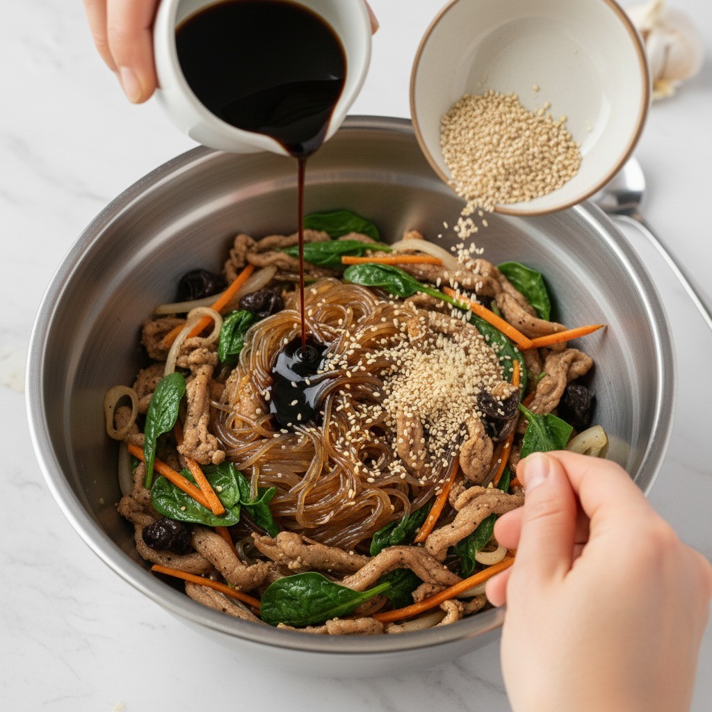 모든 재료를 버무려 잡채를 완성하는 모습