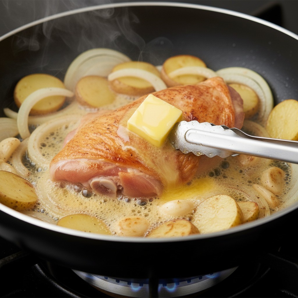 버터 넣고 닭 뒤집기