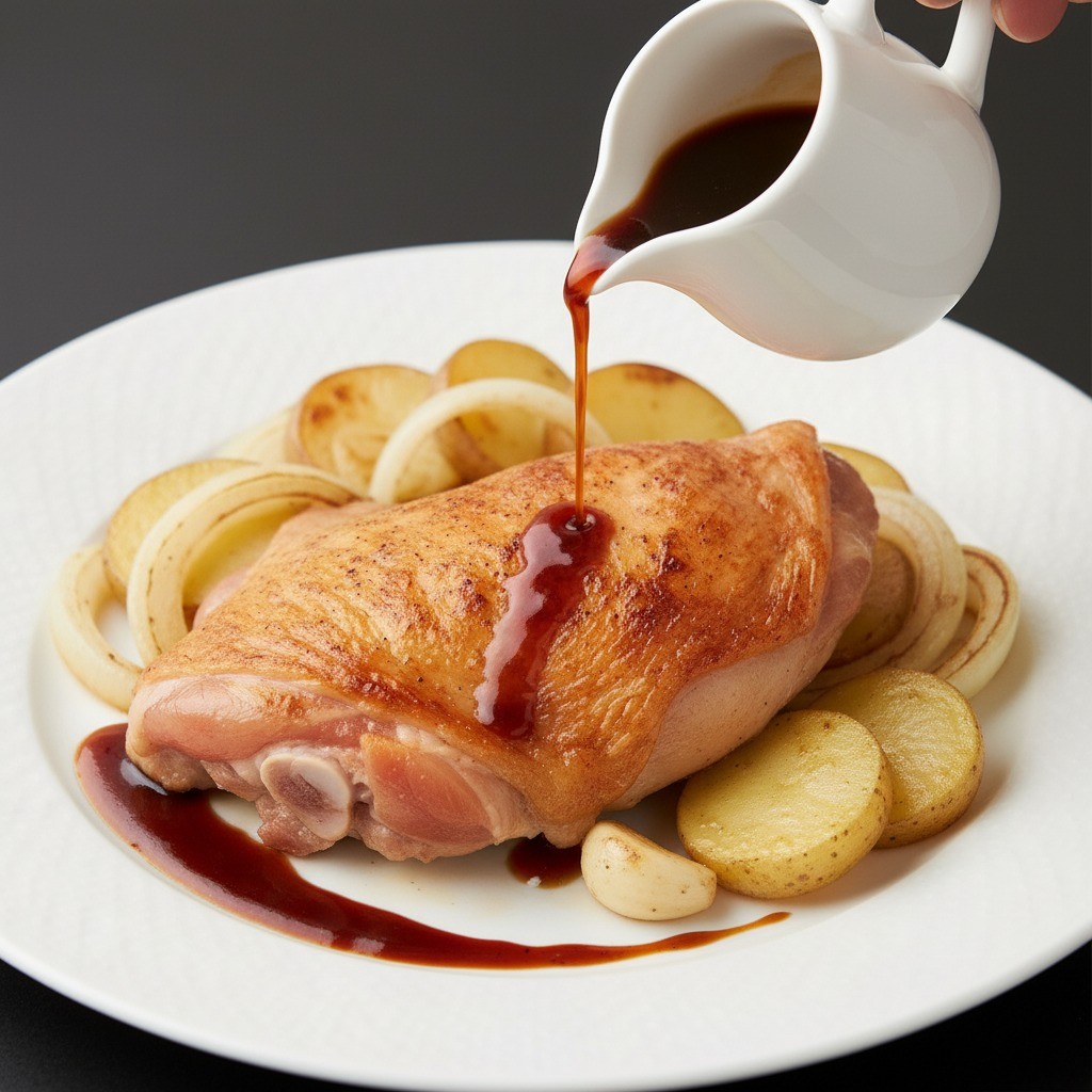 치킨 스테이크 완성 및 소스 뿌리기