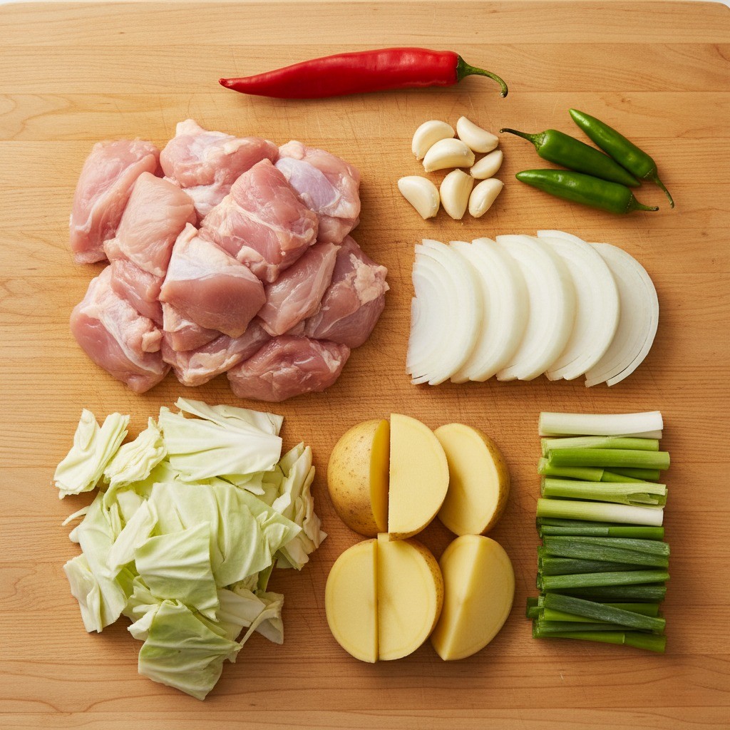 닭고기와 채소들을 큼직하게 손질하는 모습