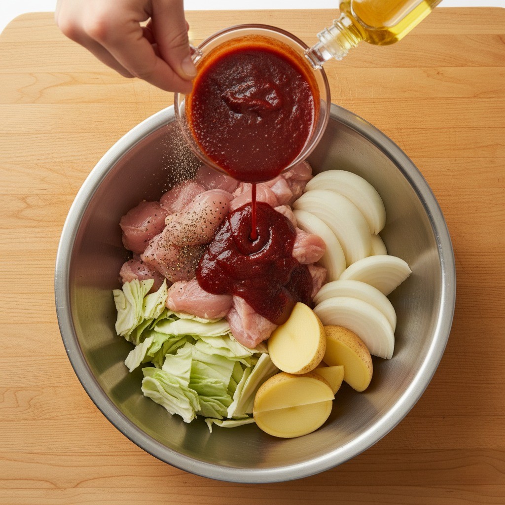 닭고기, 채소, 양념장을 함께 버무리는 모습