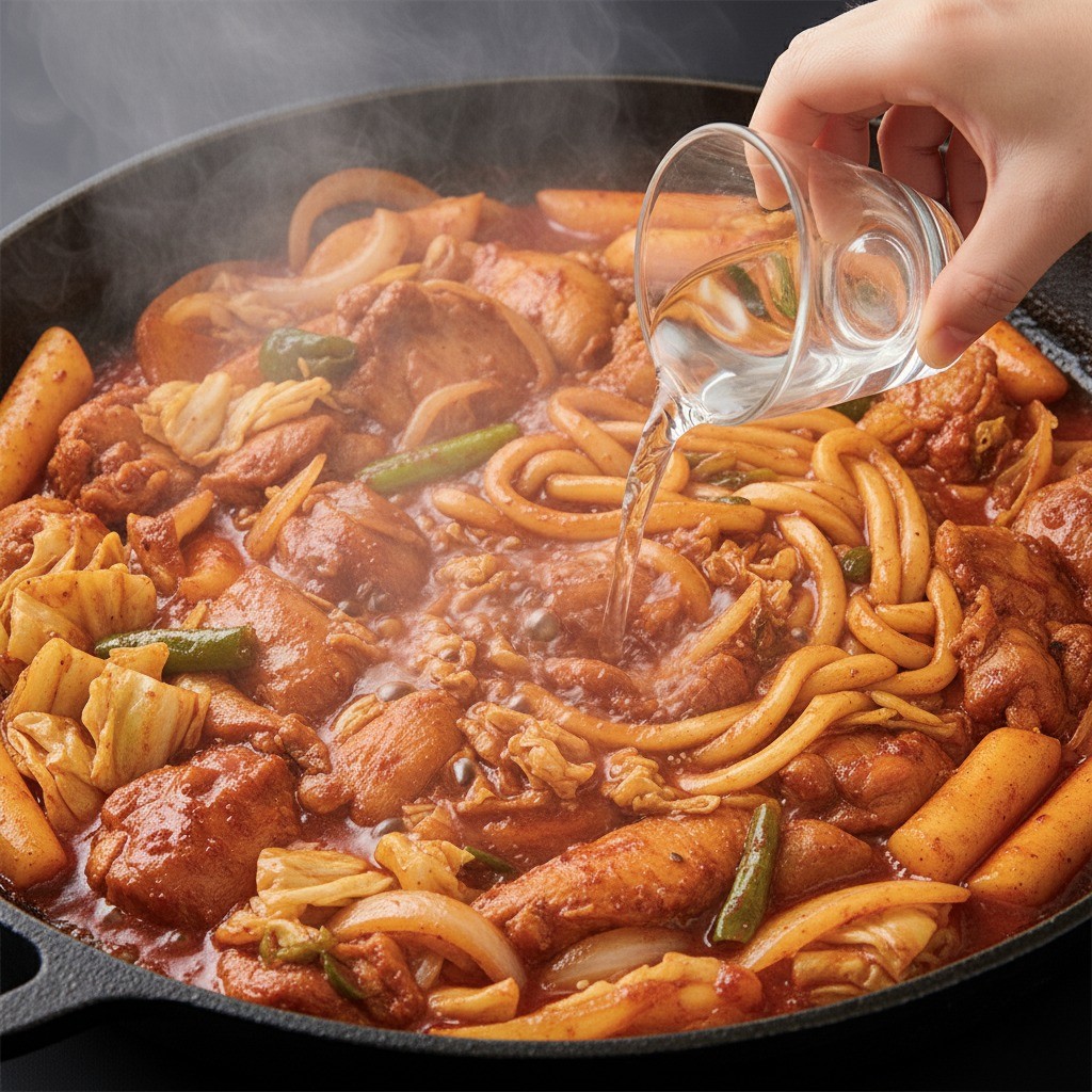 팬에서 닭갈비를 볶다가 물을 살짝 붓는 모습
