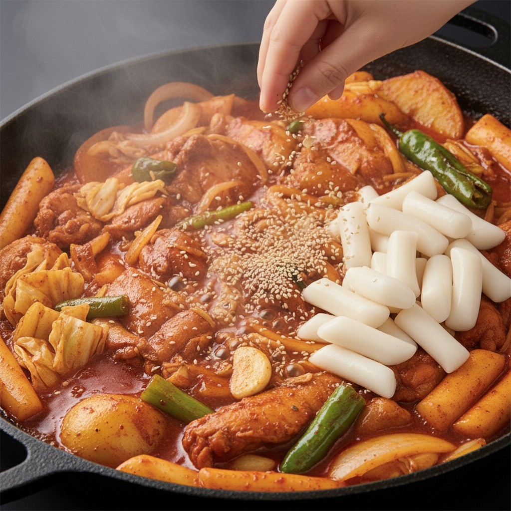 다 익은 닭갈비에 우동사리를 넣어 볶는 모습