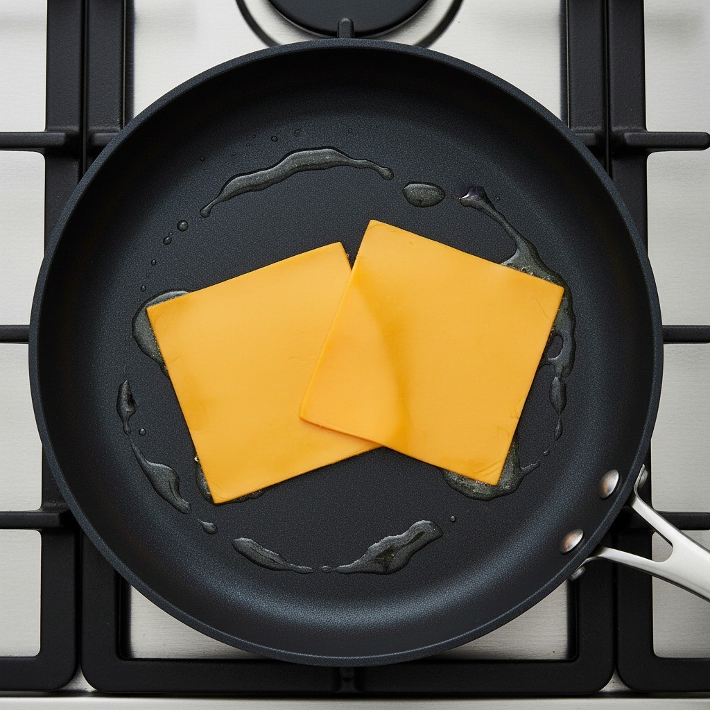 약불로 달군 프라이팬에 체다 치즈 한 장을 올린 모습