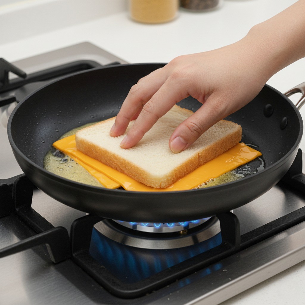 치즈 위에 식빵을 올리고 손으로 누르며 문지르는 모습