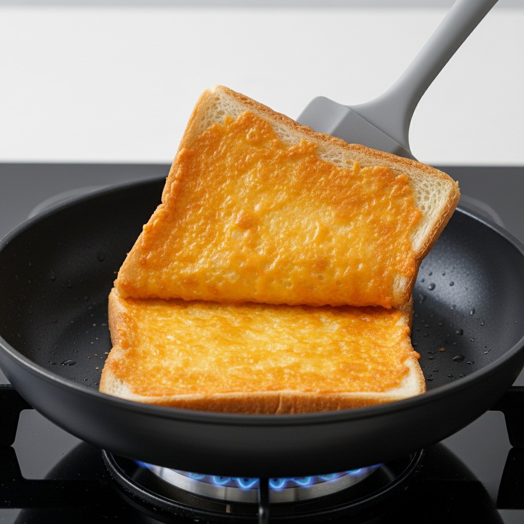 치즈가 노릇하게 누룽지처럼 변해 빵에 붙은 모습