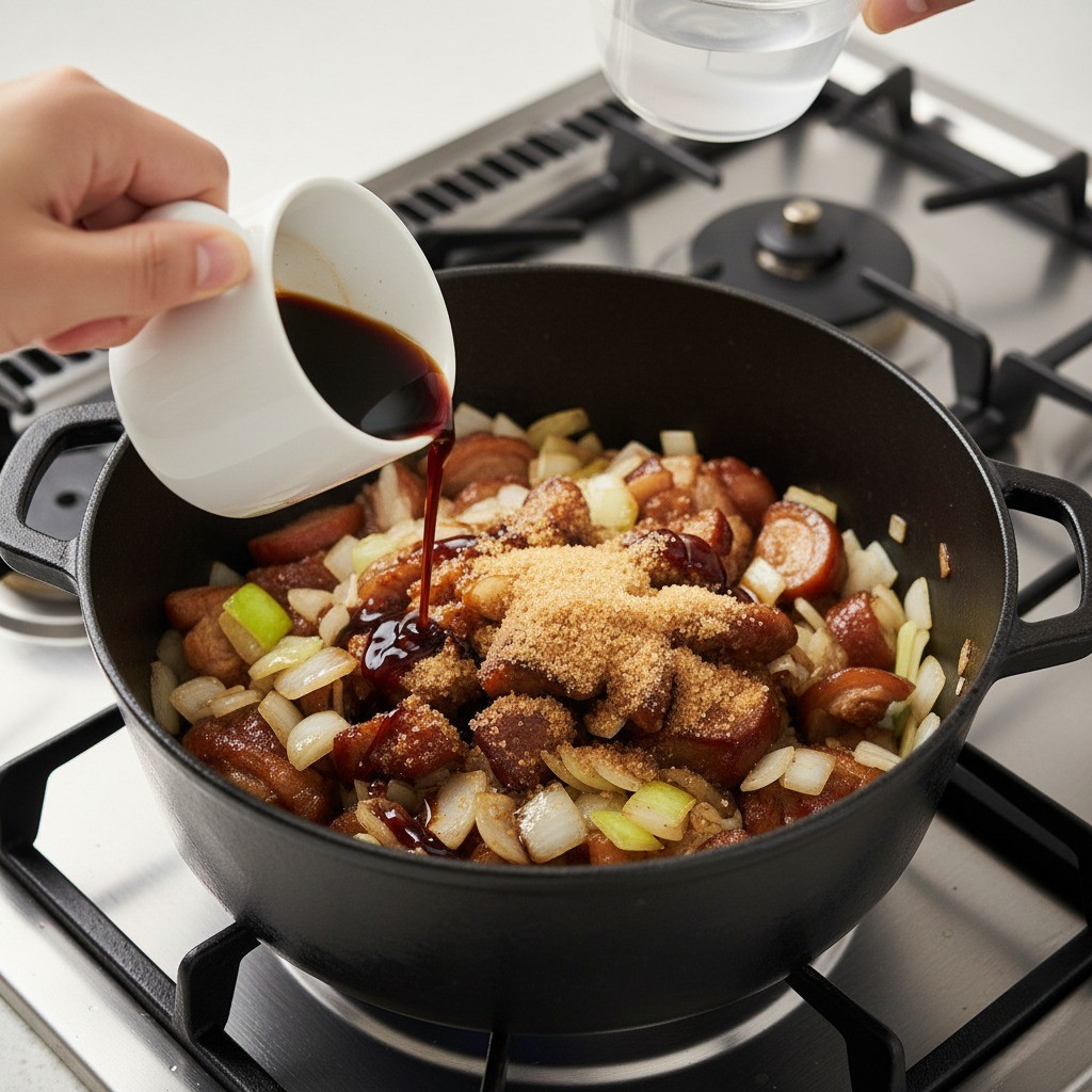 냄비에 족발, 양파, 간장, 설탕 넣기