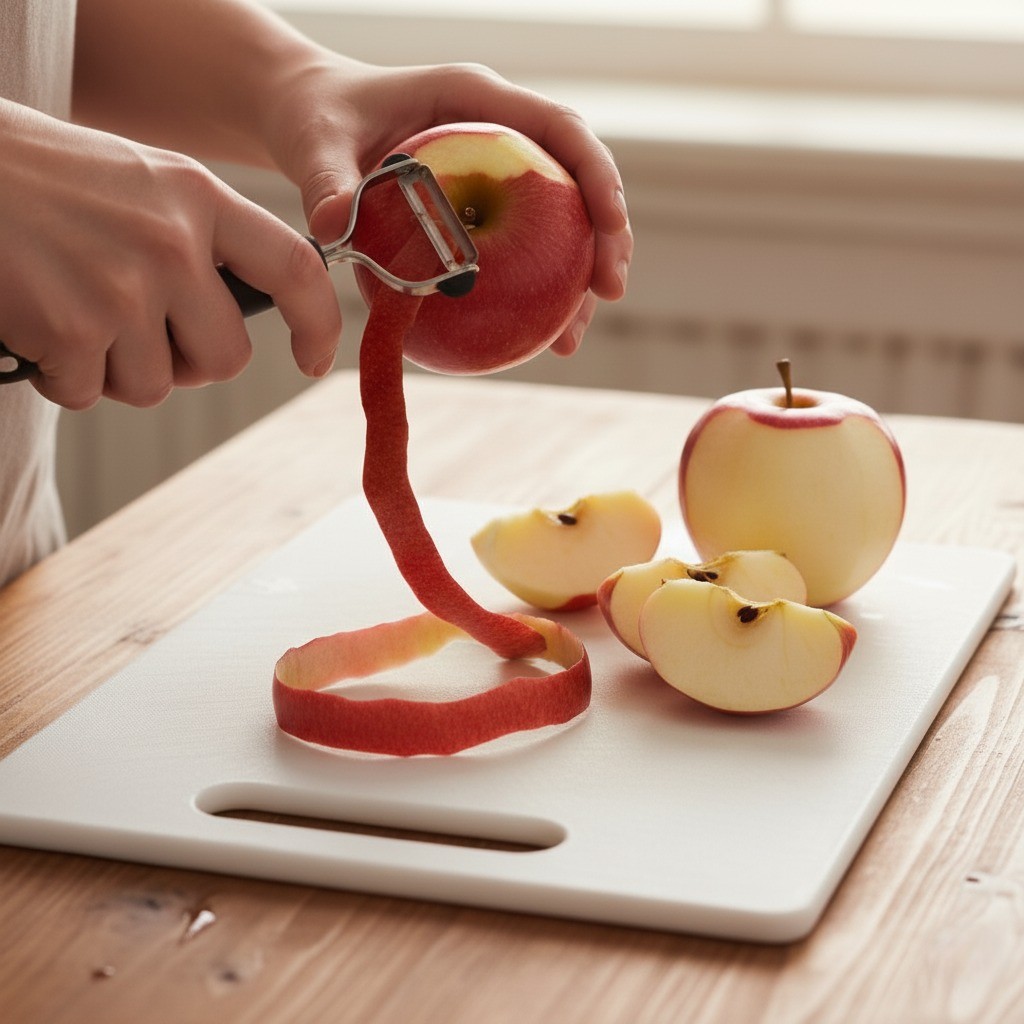 사과 껍질을 깎고 씨를 제거하는 모습