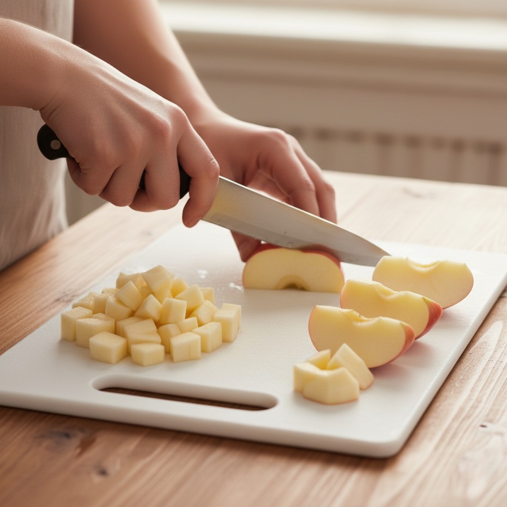 도마 위에서 사과를 큐브 모양으로 썰고 있는 모습