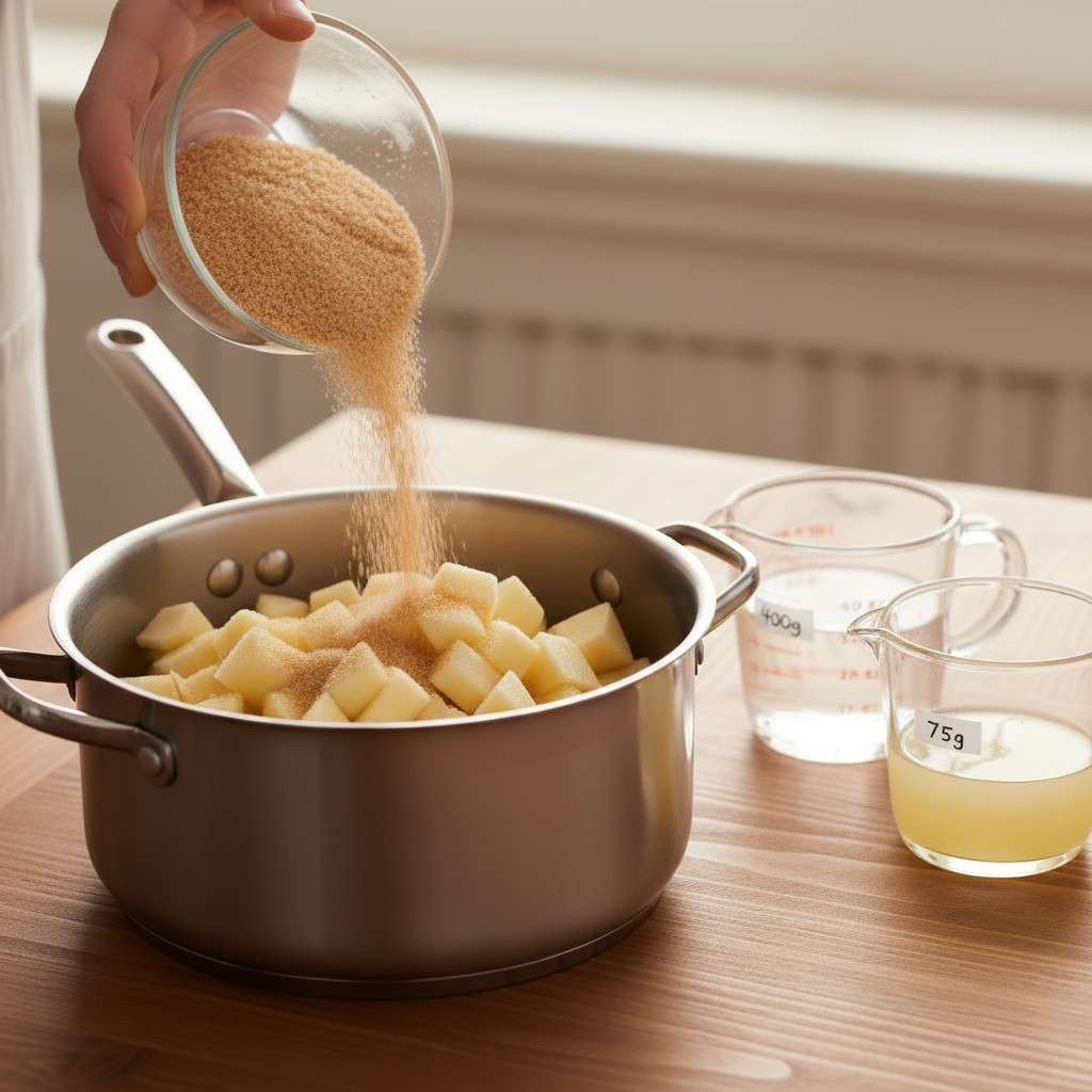 냄비에 썬 사과, 설탕, 물을 넣는 장면