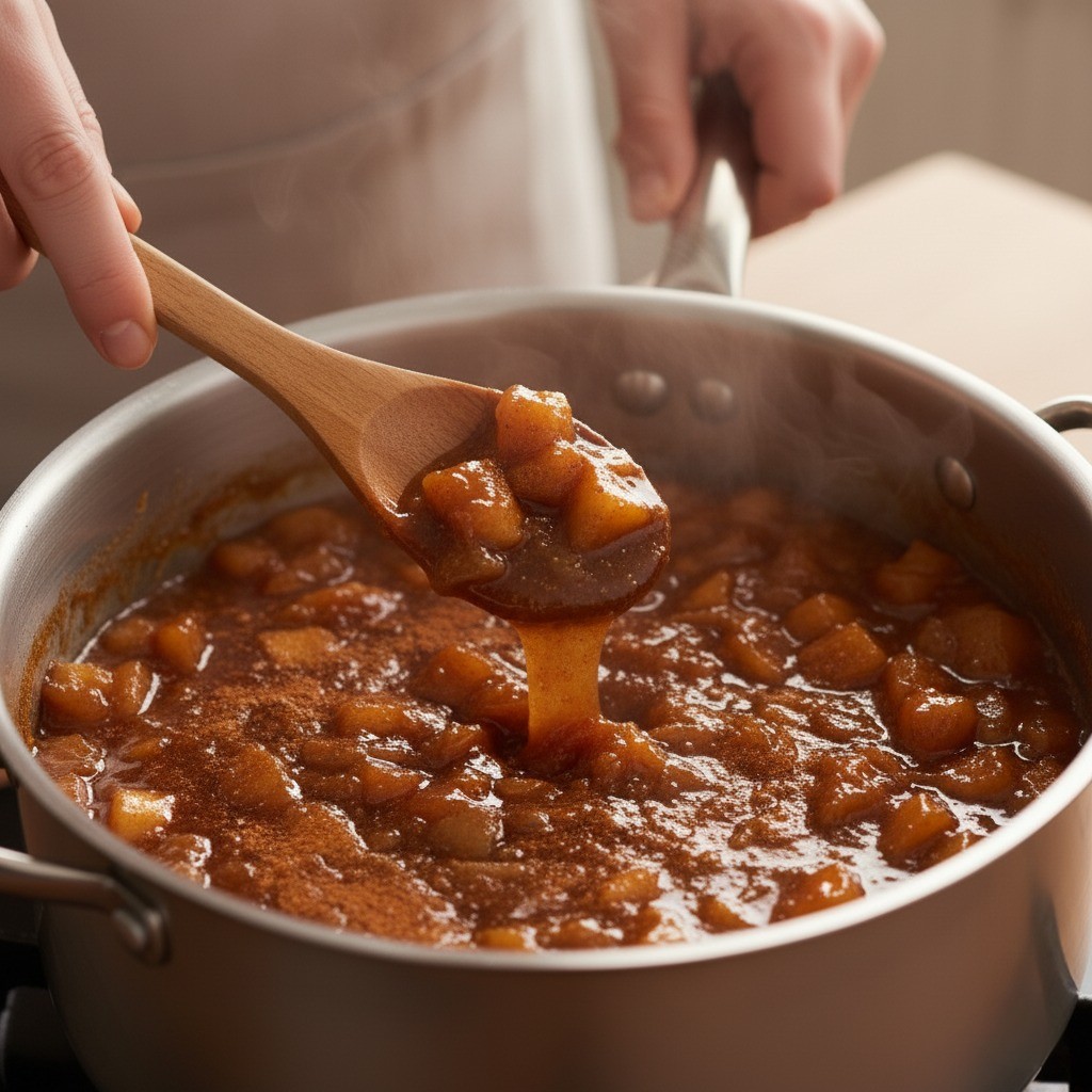 냄비에서 사과조림이 보글보글 끓으며 졸아드는 모습