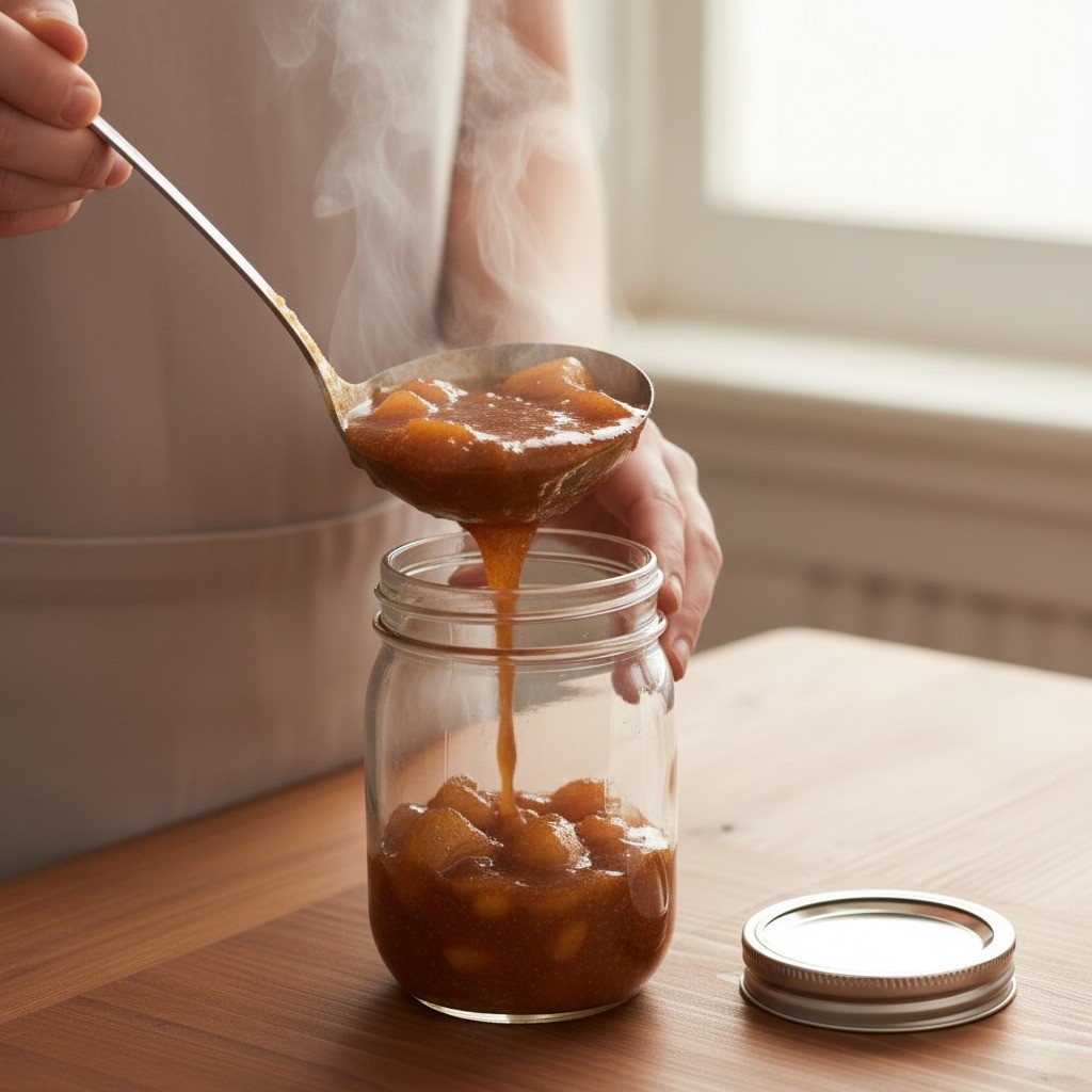 완성된 사과조림을 소독된 유리병에 담는 모습