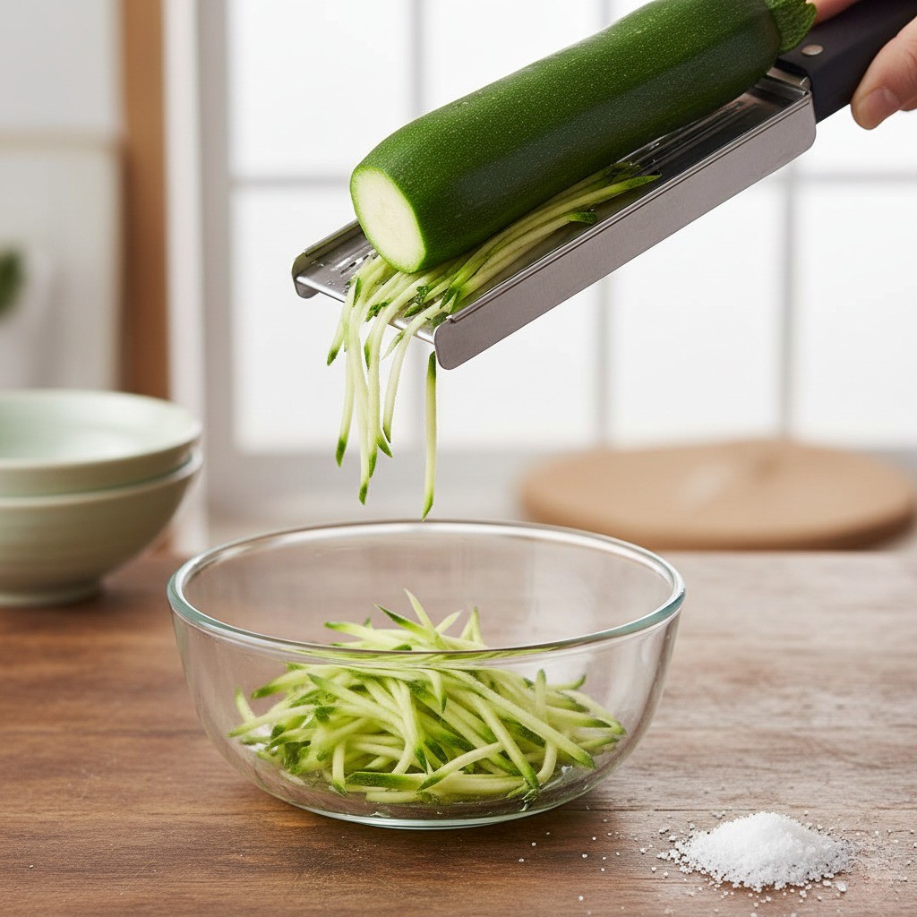 채칼로 얇게 채 썬 애호박에 소금을 뿌려 절이는 모습