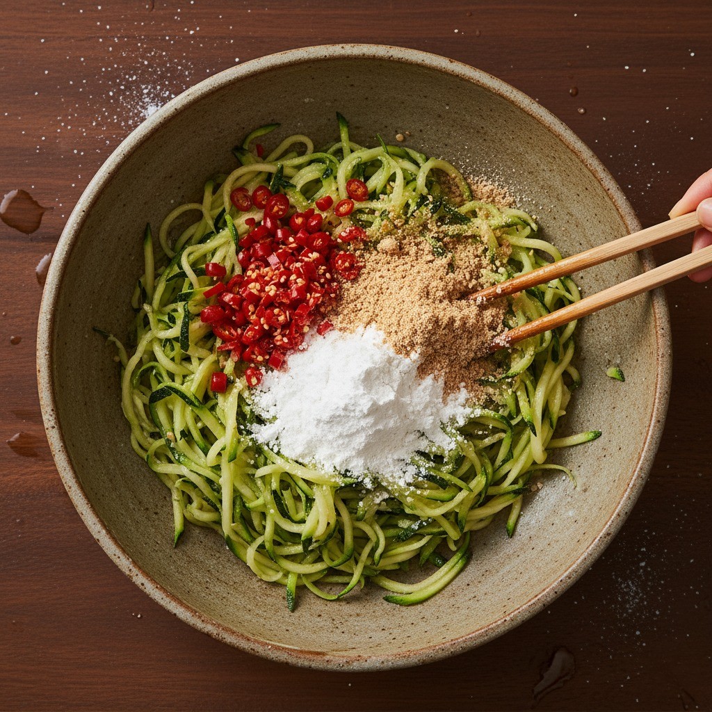 절인 애호박에 전분, 청양고추, 건새우를 넣고 버무리는 모습