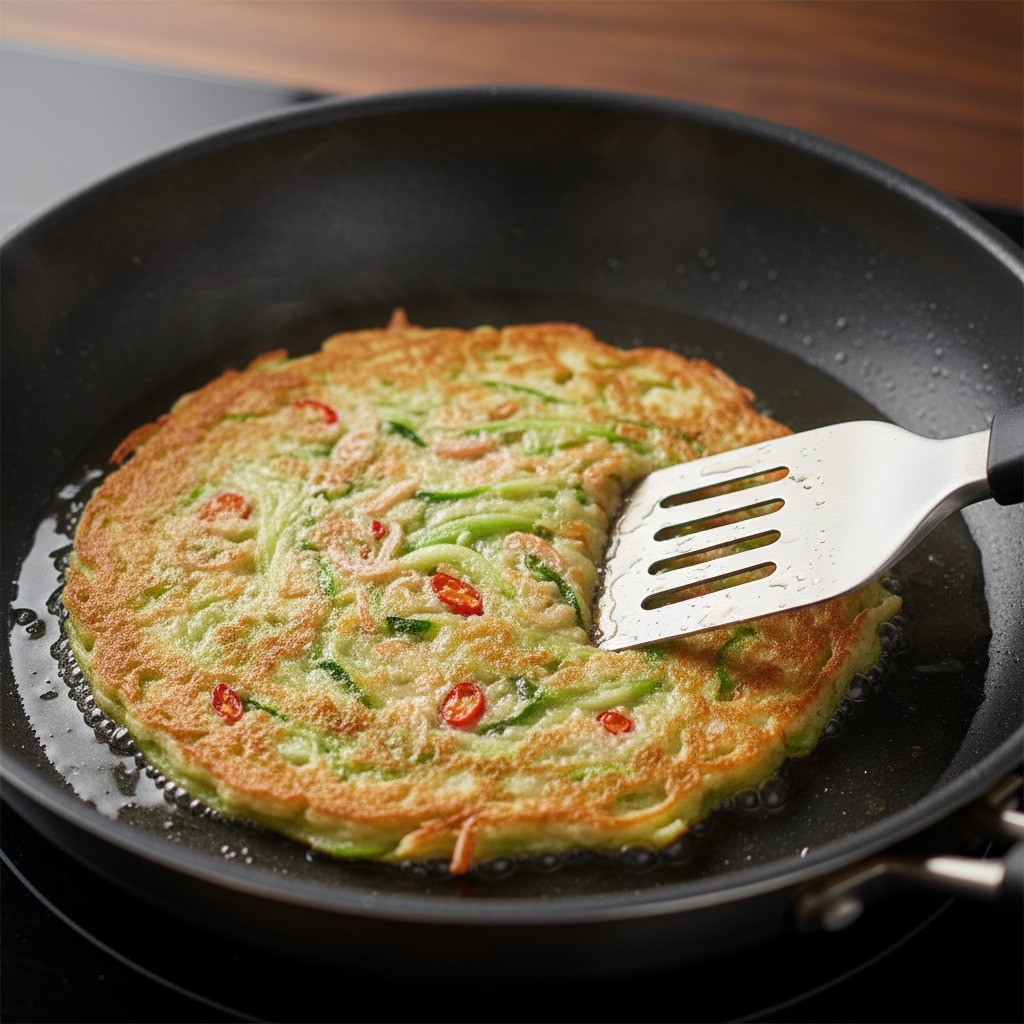 팬에서 노릇하게 익어가는 애호박전