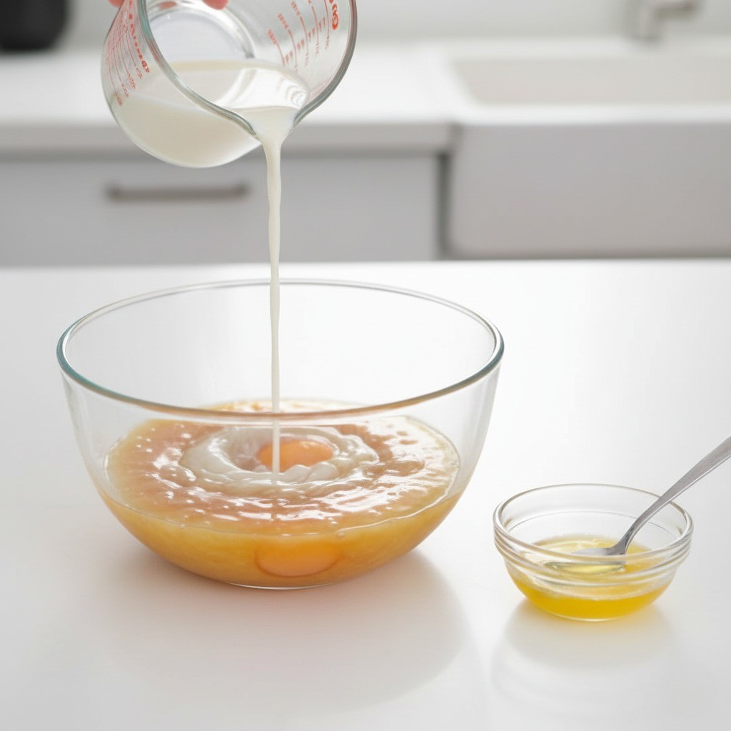 우유와 녹인 버터를 추가하는 모습