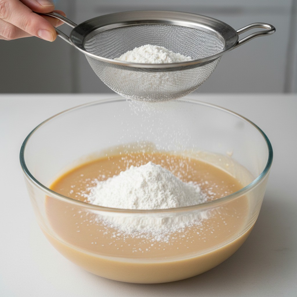 밀가루와 베이킹 파우더를 섞는 모습