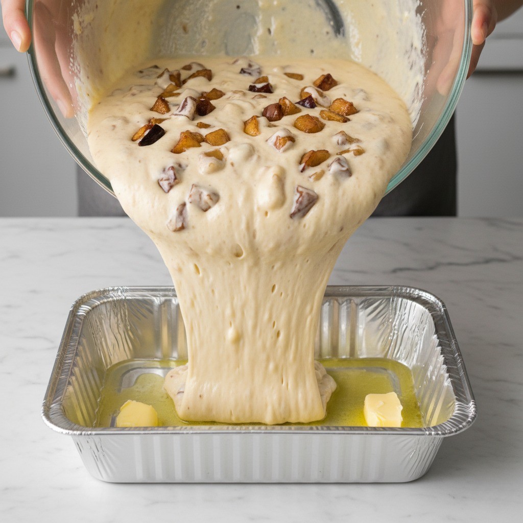 반죽을 용기에 붓는 모습