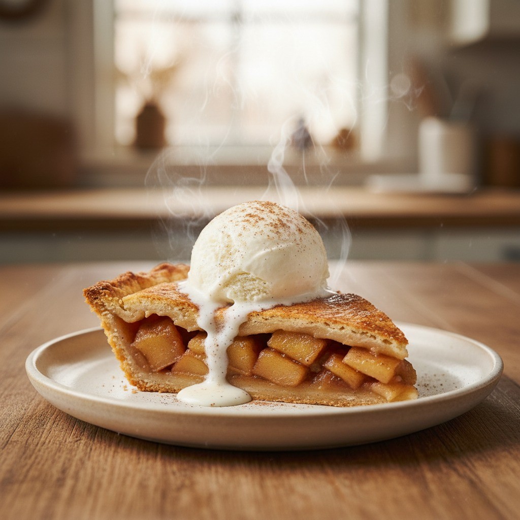 완성된 사과파이에 아이스크림을 올린 모습