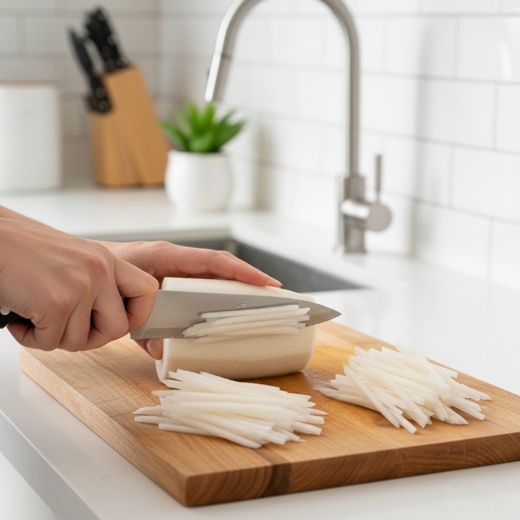 무를 채칼로 써는 모습