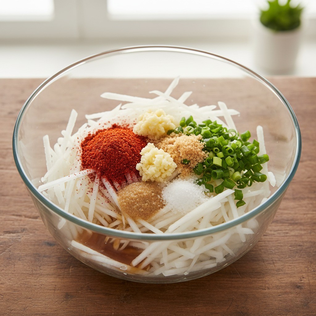 볼에 무와 양념을 넣는 모습