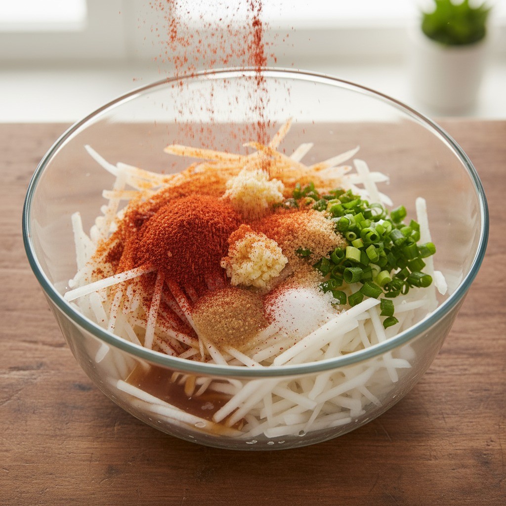 무채에 고춧가루를 넣는 모습