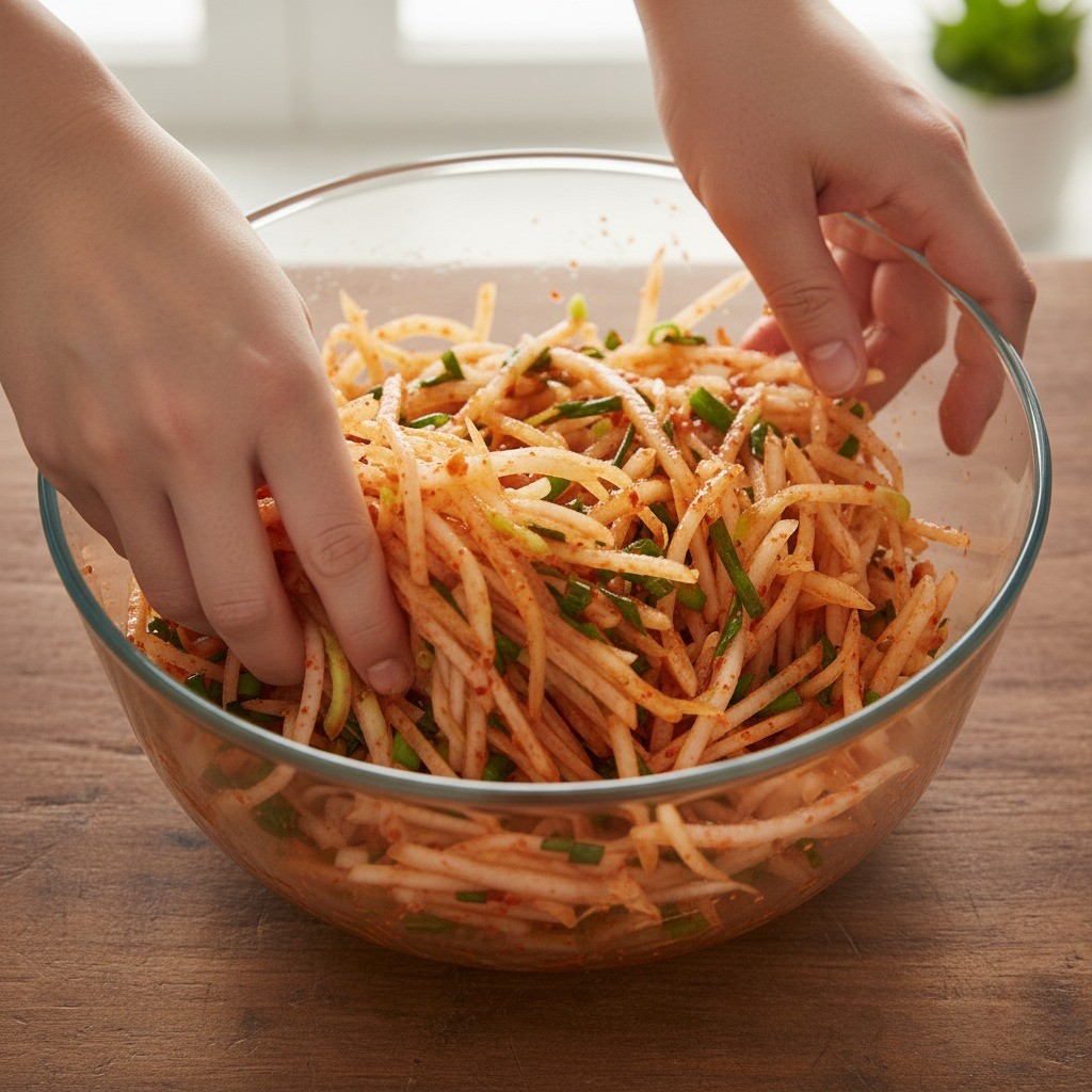 무생채를 손으로 버무리는 모습