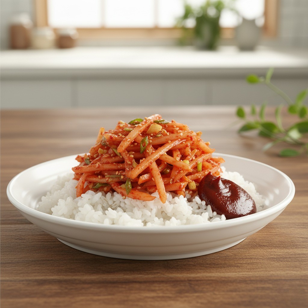 밥에 무생채와 고추장, 참기름을 올린 모습