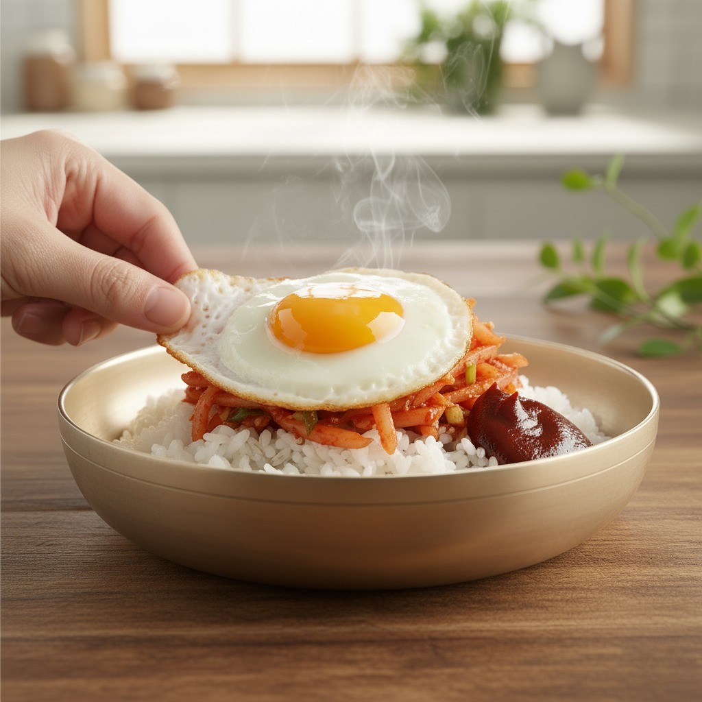 계란후라이를 올린 무생채 비빔밥