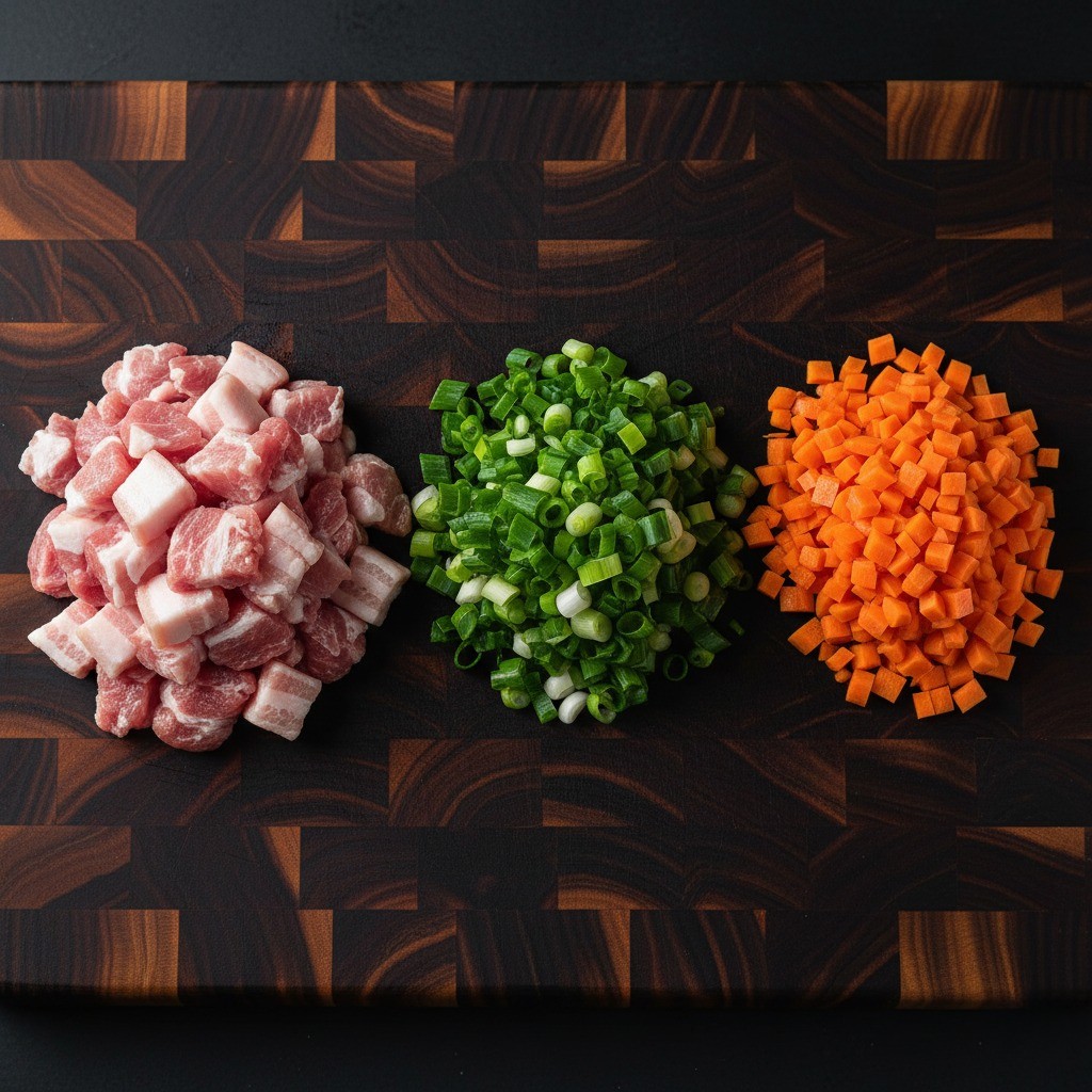 잘게 썬 삼겹살, 대파, 당근이 도마에 준비된 모습