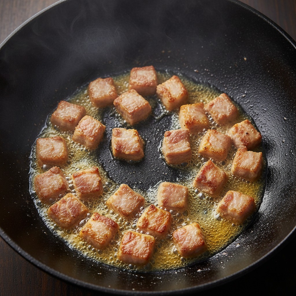 웍에서 삼겹살이 노릇하게 볶아지며 기름이 나오는 모습