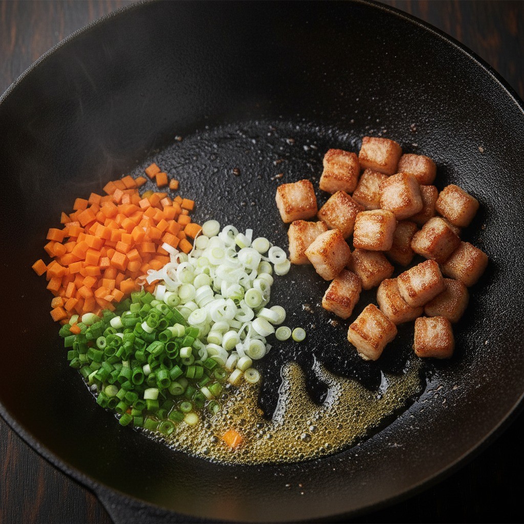 고기 기름에 다진 파와 당근을 볶아 향을 내는 모습
