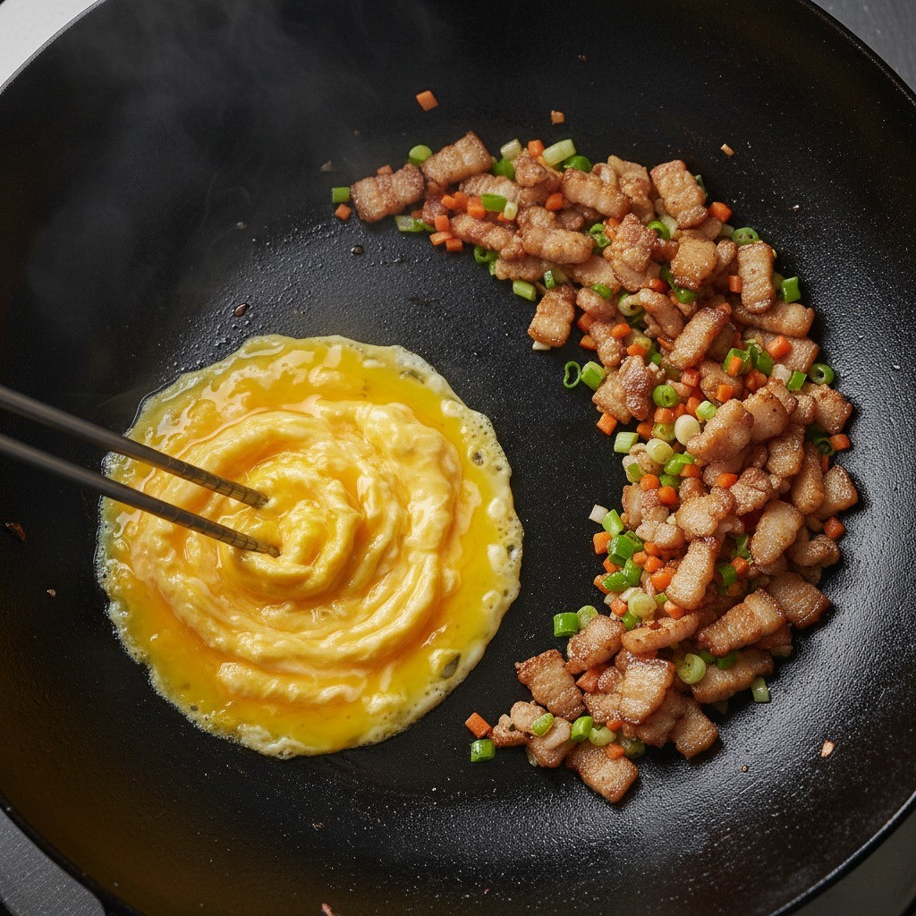 팬의 빈 공간에 달걀을 깨 넣어 스크램블 에그를 만드는 모습